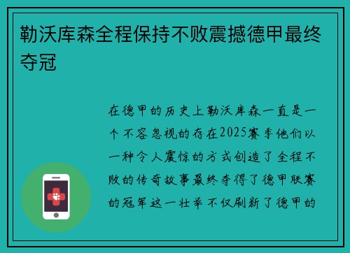 勒沃库森全程保持不败震撼德甲最终夺冠